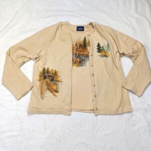 LAS OLAS VINTAGE WOMEN'S AUTUMN SCENE SWEATSHIRT SET T-SHIRT AND CARDIGAN SIZE S